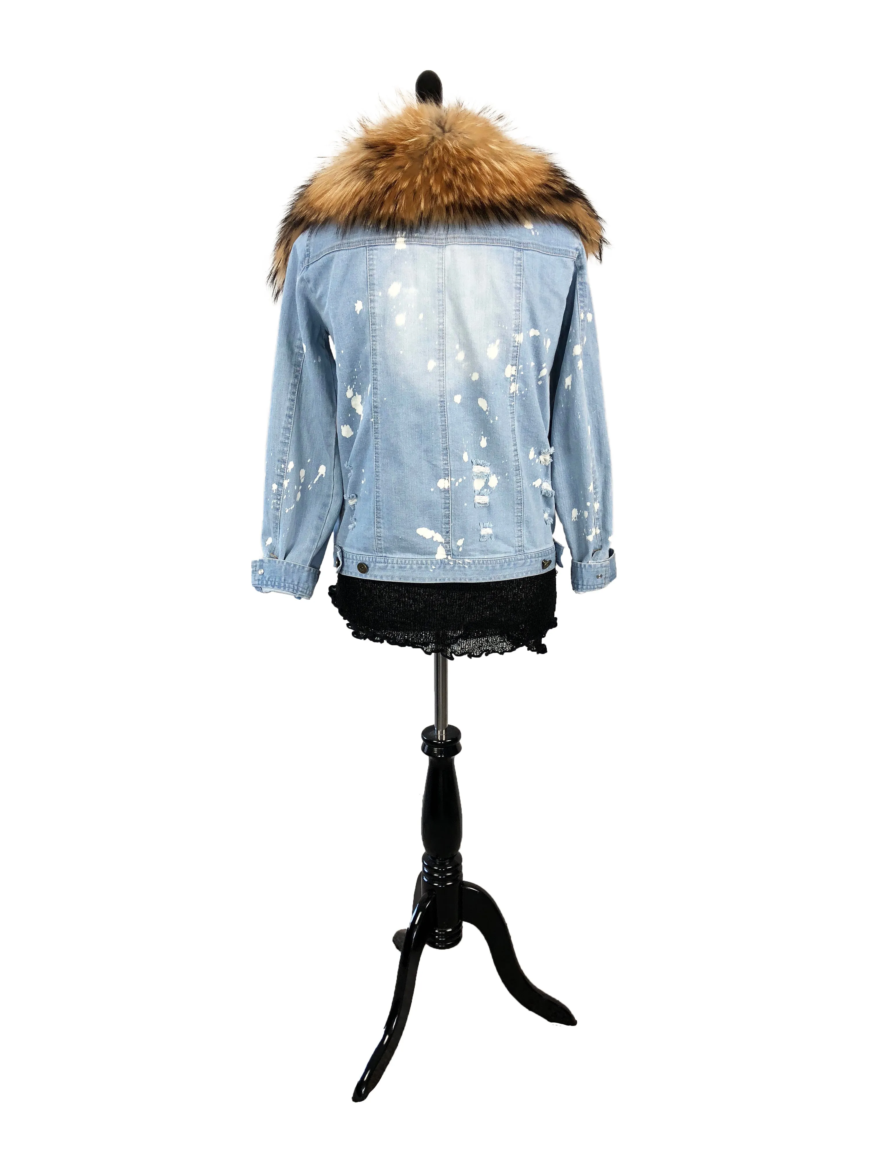 Denim and Fox Fur Jacket with Detachable Rabbit Fur Interior