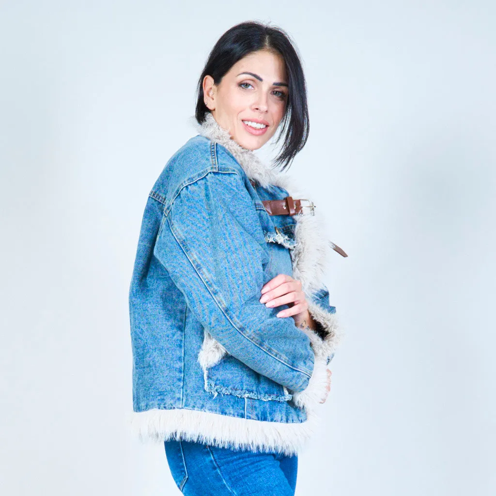 Denim jacket with faux fur trim wholesale