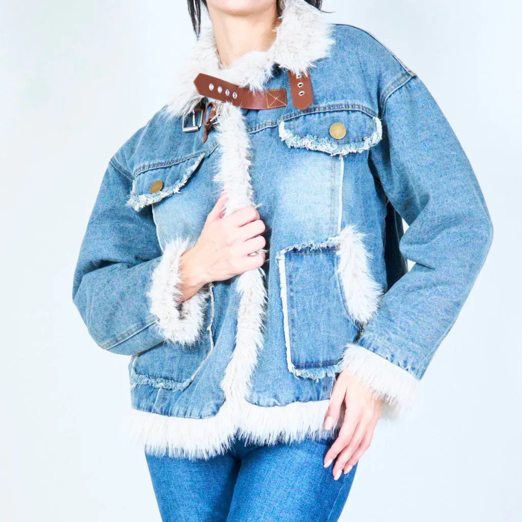 Denim jacket with faux fur trim wholesale