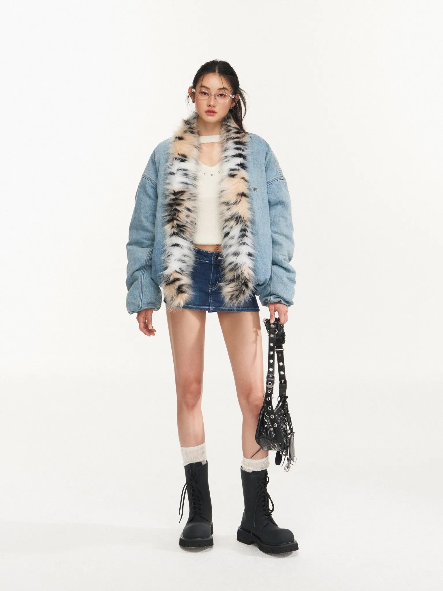 Denim Leopard-Print Fur Collar Jacket