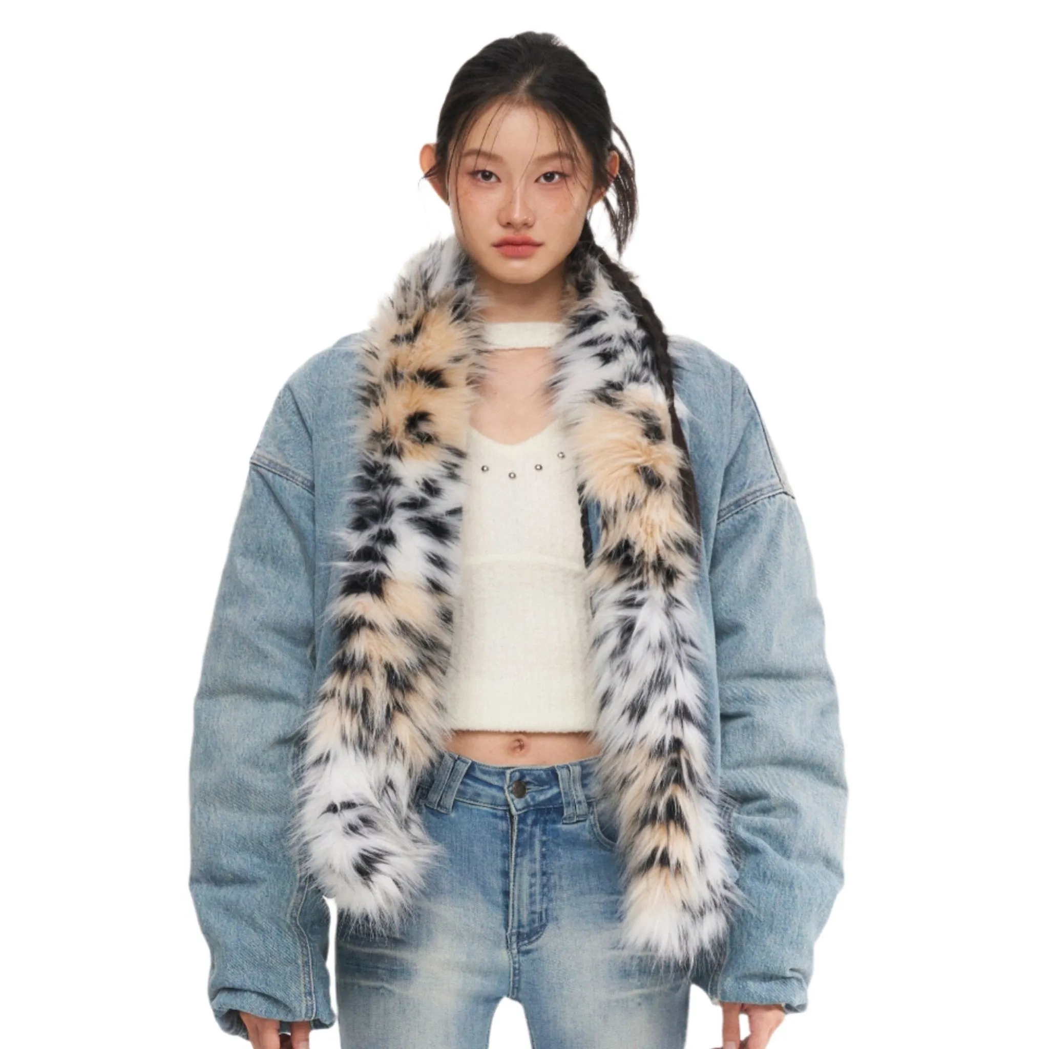 Denim Leopard-Print Fur Collar Jacket