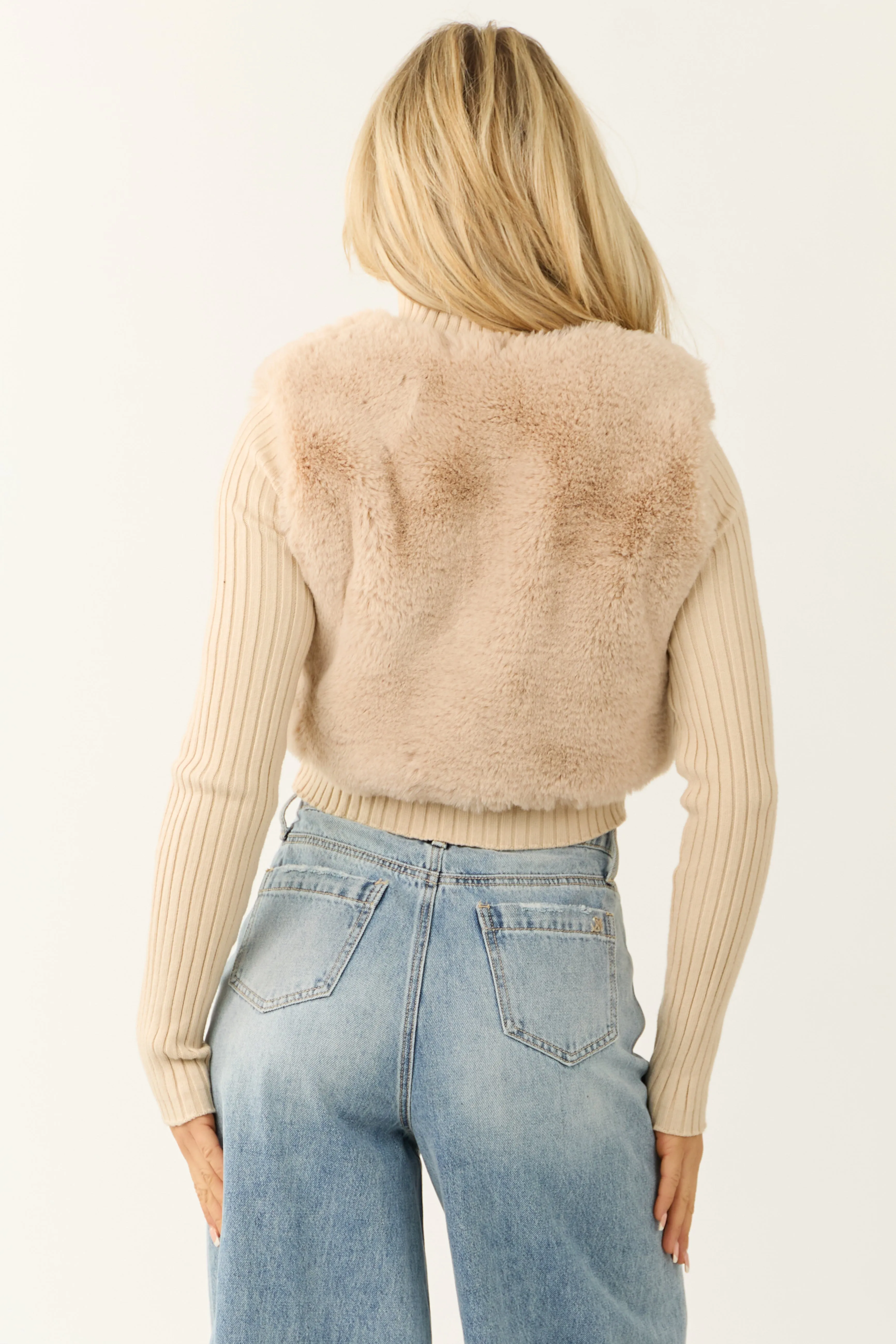 Desert Sand Faux Fur Zip Up Sweater Jacket