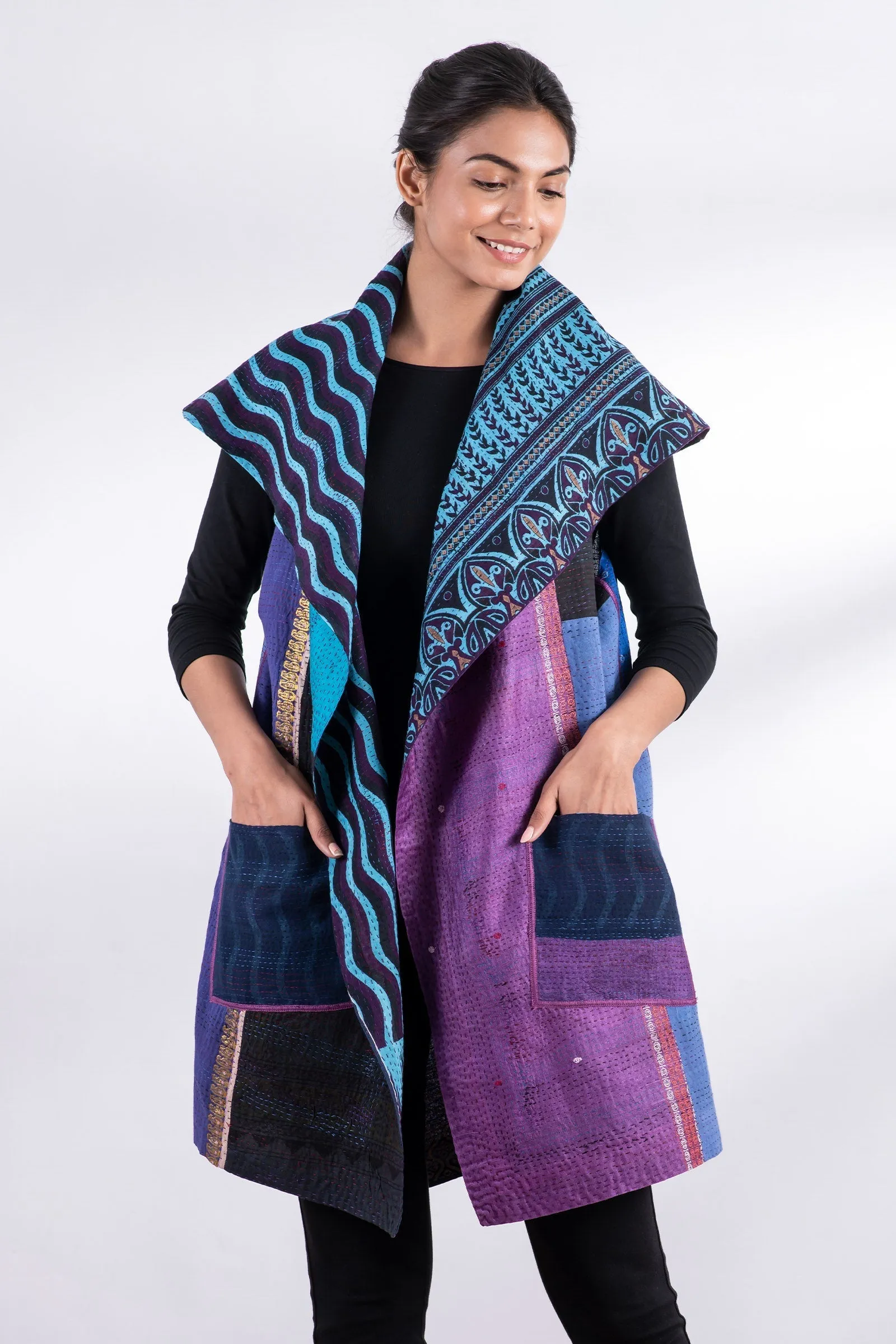 DESERT WAVES KANTHA CIRCULAR VEST - dw2201-blu -