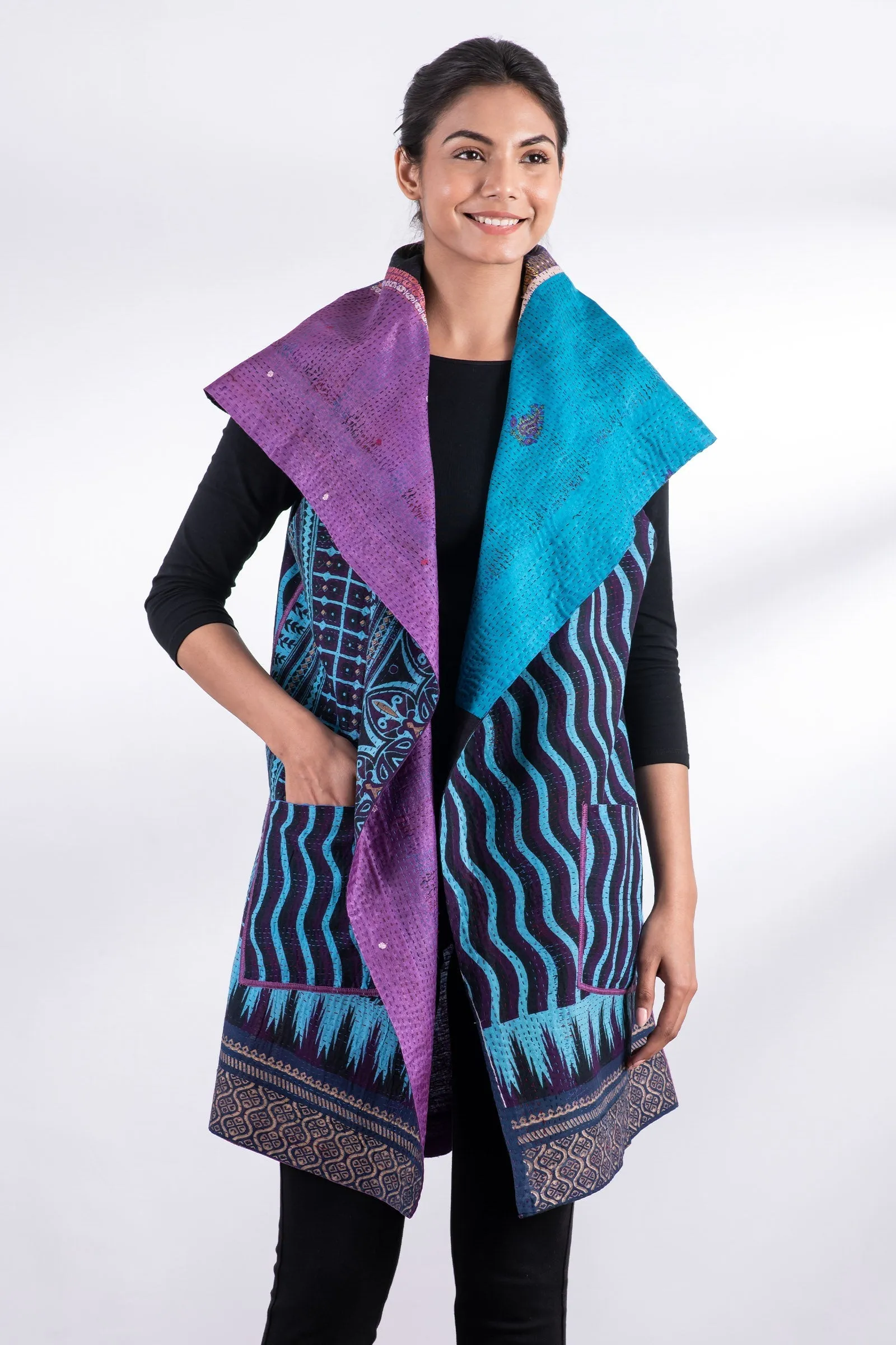 DESERT WAVES KANTHA CIRCULAR VEST - dw2201-blu -