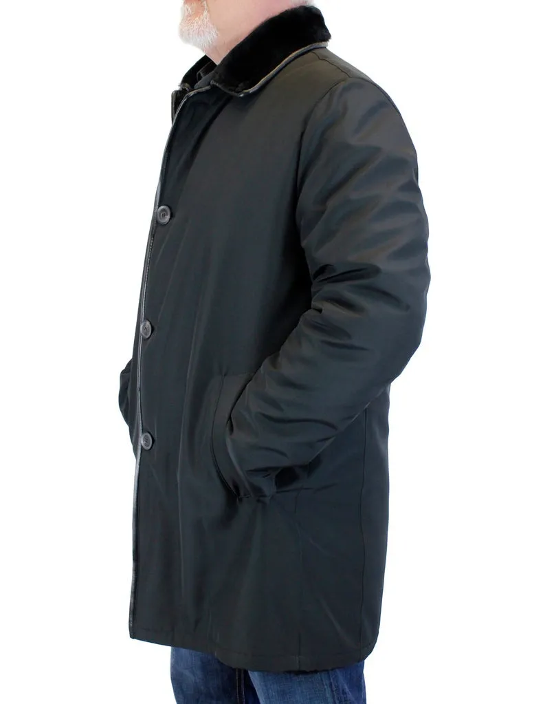 DI BELLO - MEN'S BLACK MERINO SHEARLING-LINED BUTTONED RAINCOAT, RAIN COAT