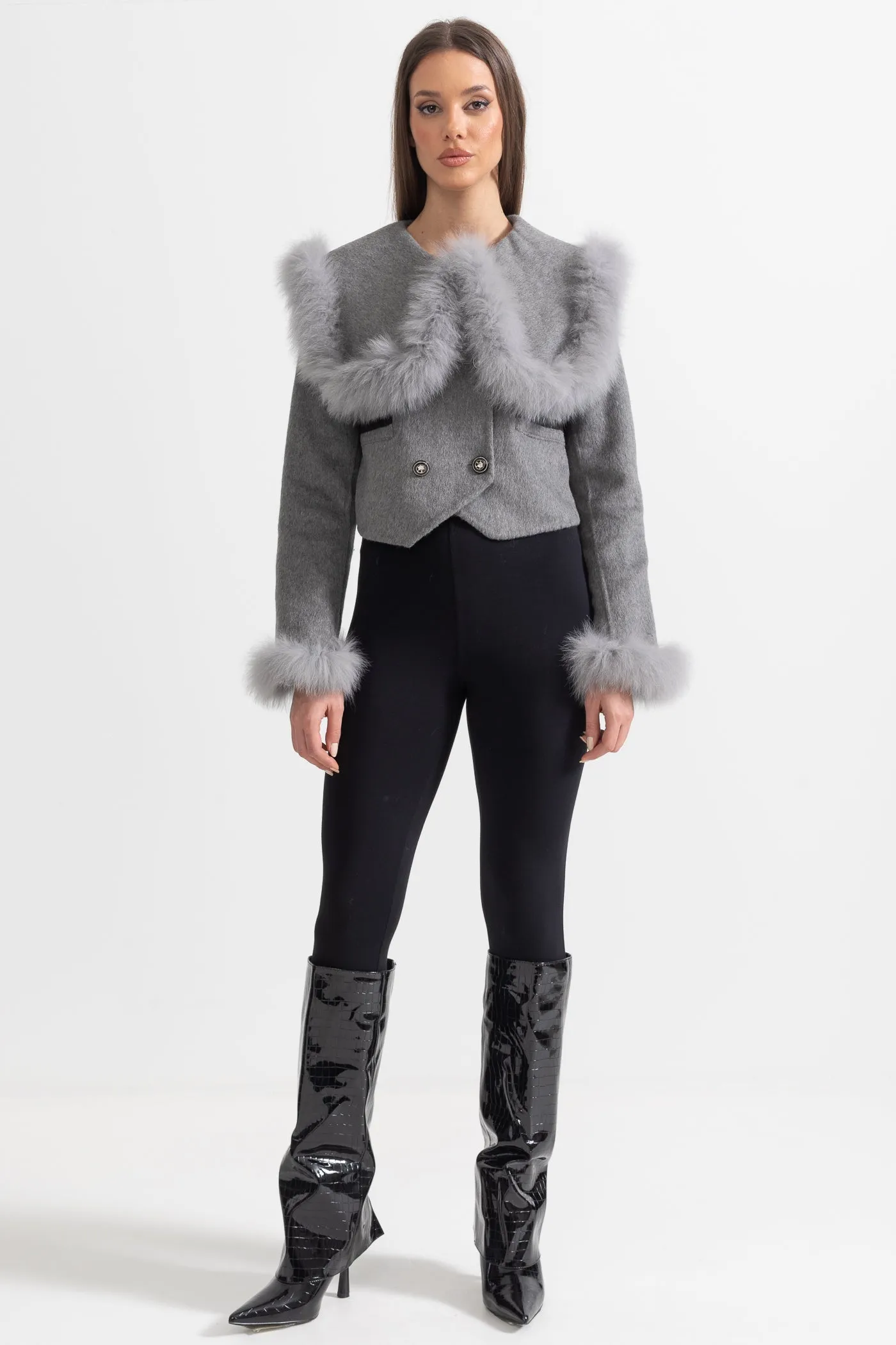 Double Breasted Cropped Jacket With Fur Collar Embellishment - Gray