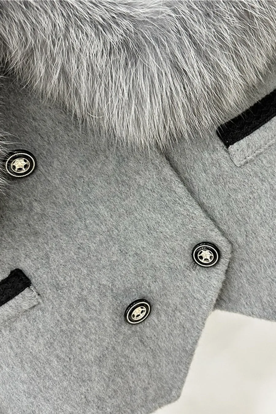 Double Breasted Cropped Jacket With Fur Collar Embellishment - Gray