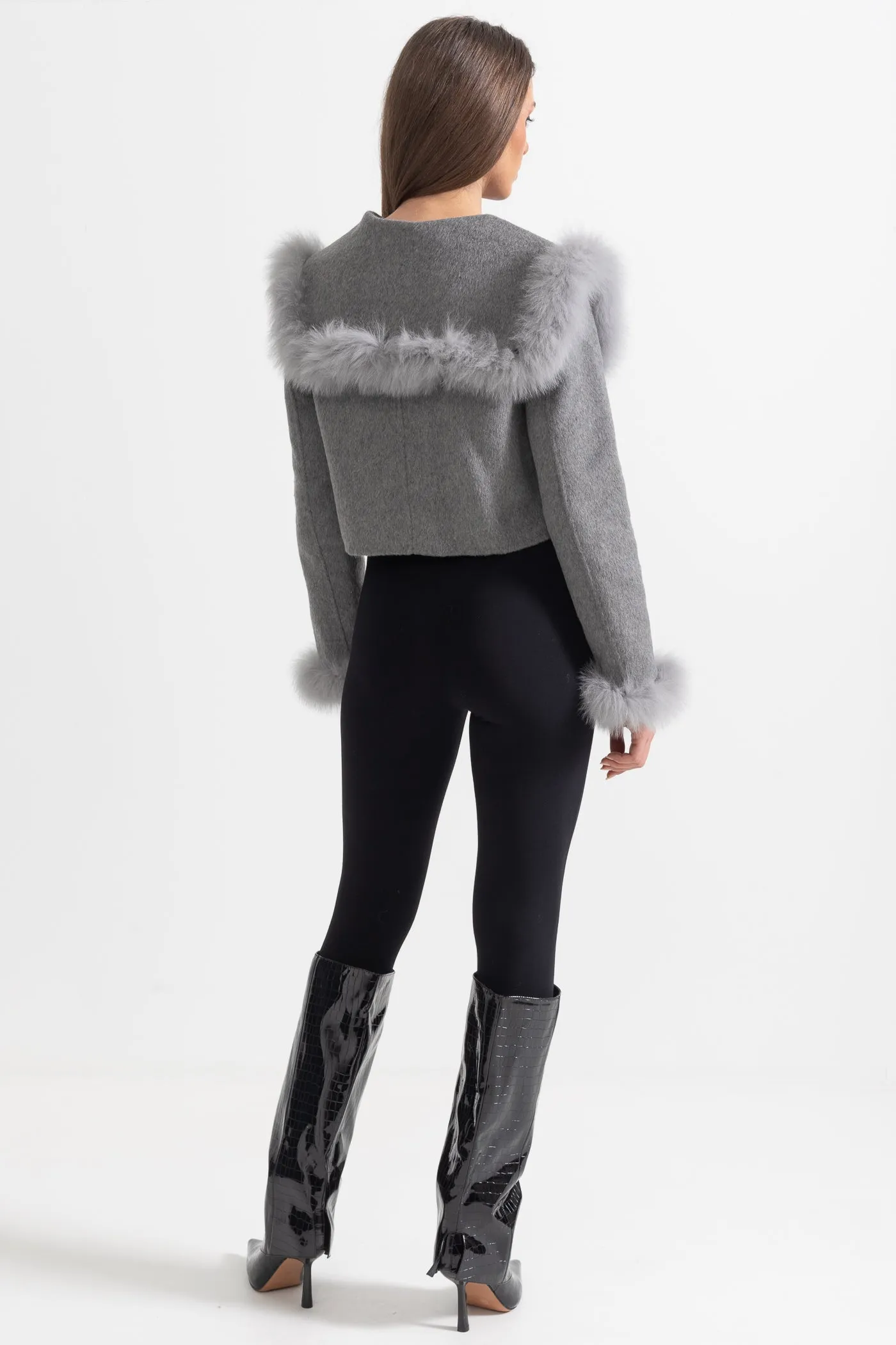 Double Breasted Cropped Jacket With Fur Collar Embellishment - Gray