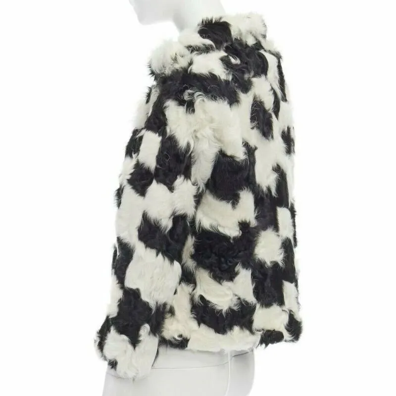 DRIES VAN NOTEN black white Tjekian goat fur high neck boxy sweater top S