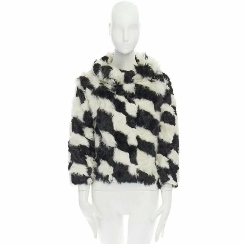 DRIES VAN NOTEN black white Tjekian goat fur high neck boxy sweater top S