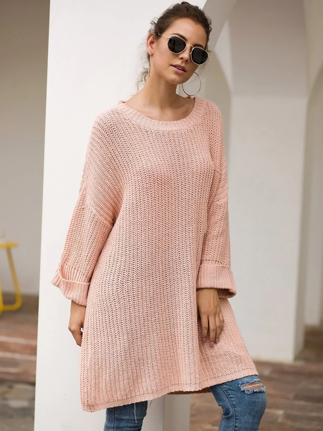 Drop Shoulder Solid Pocket Jumper Dress