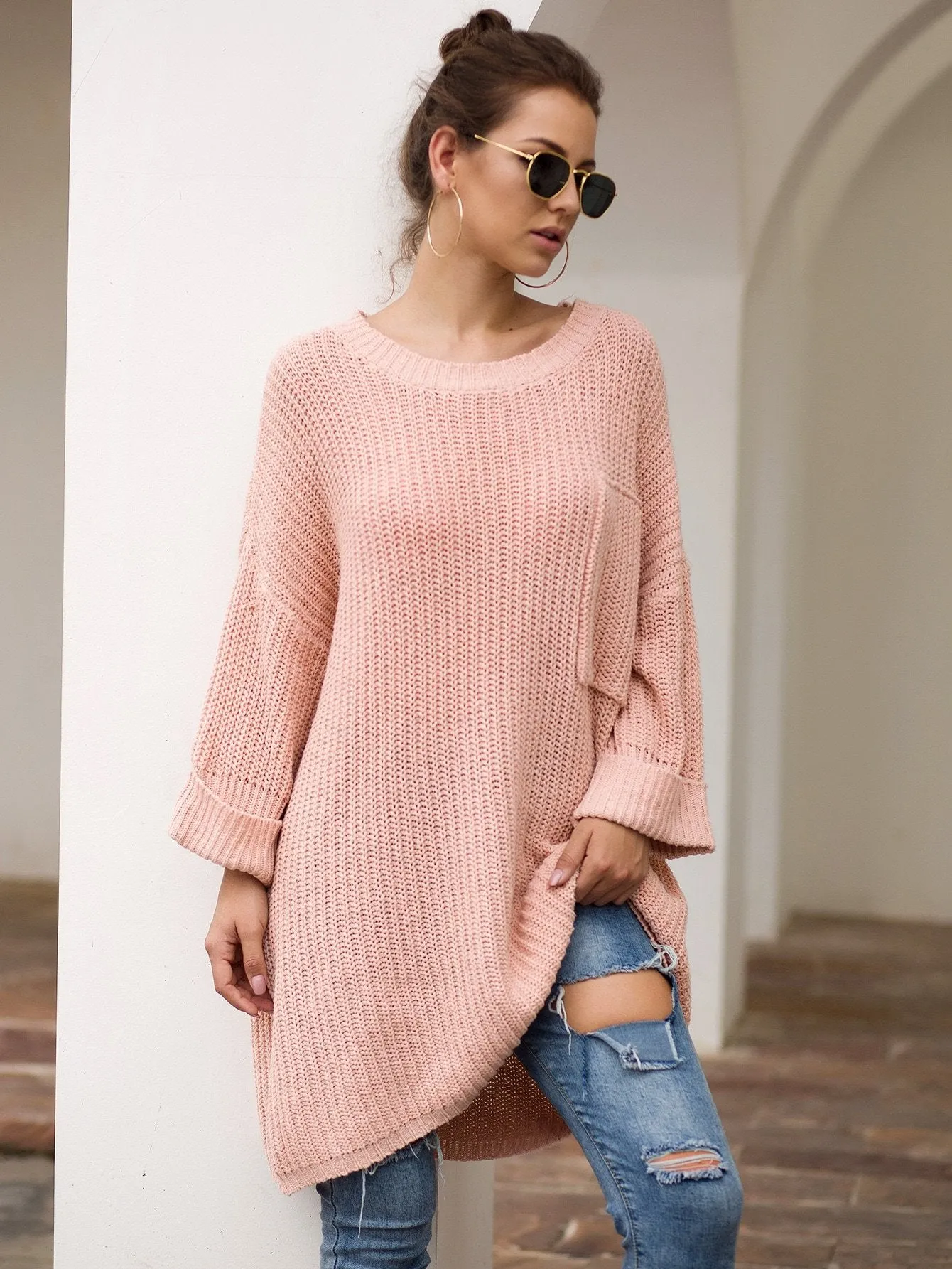 Drop Shoulder Solid Pocket Jumper Dress