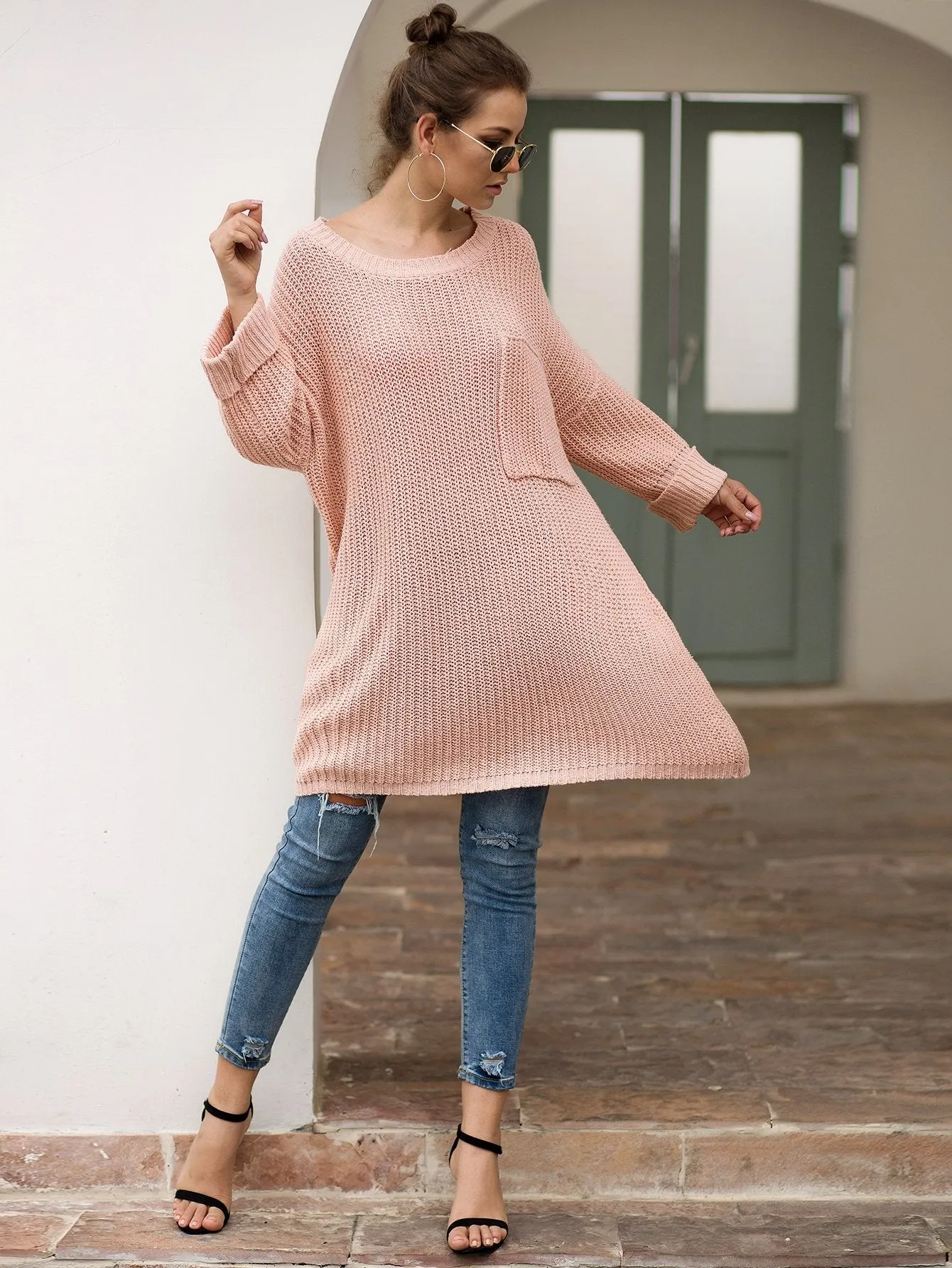 Drop Shoulder Solid Pocket Jumper Dress