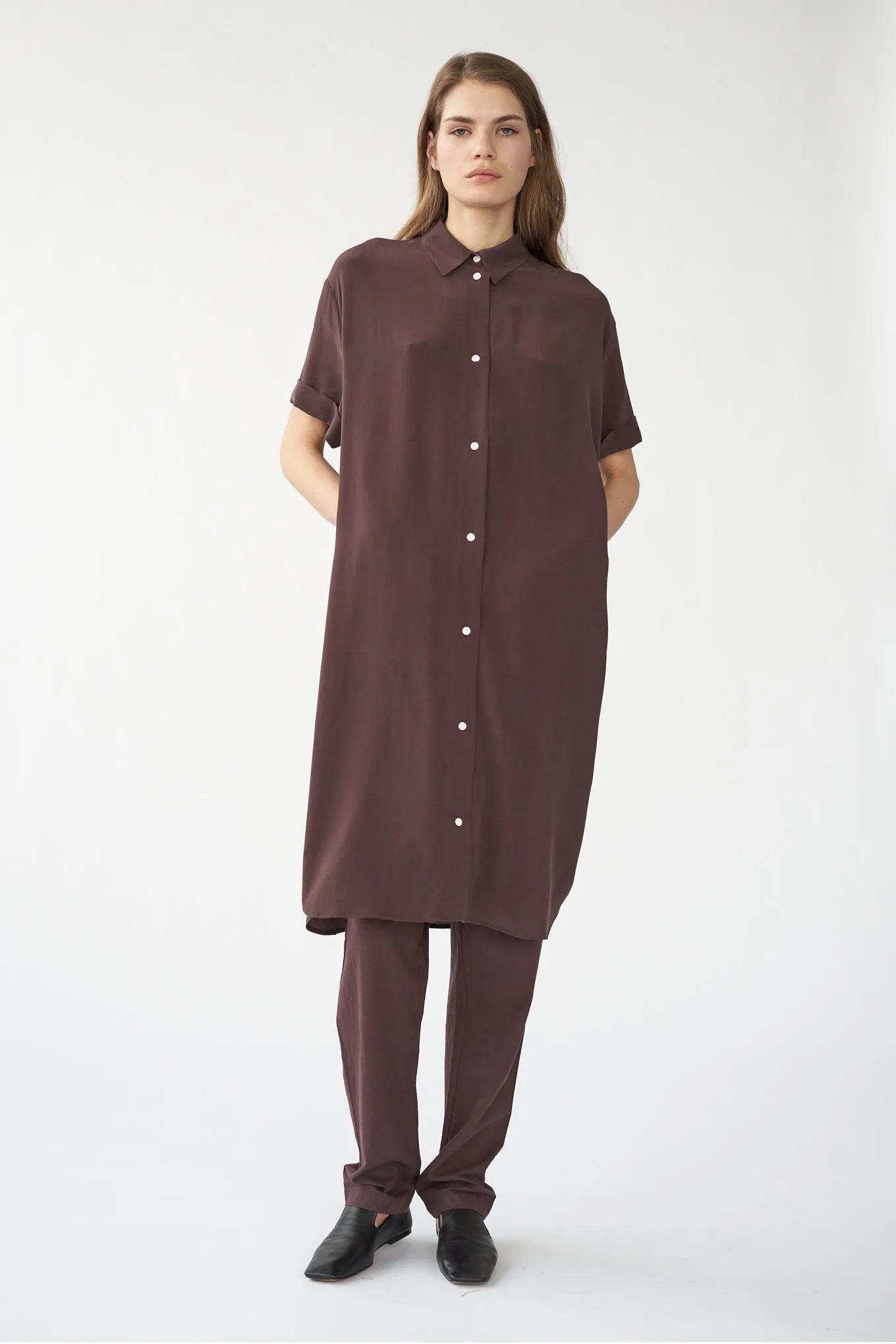 ELIZA SHIRT DRESS - BITTER CHOCOLATE - SANDWASHED CREPE DE CHINE SILK