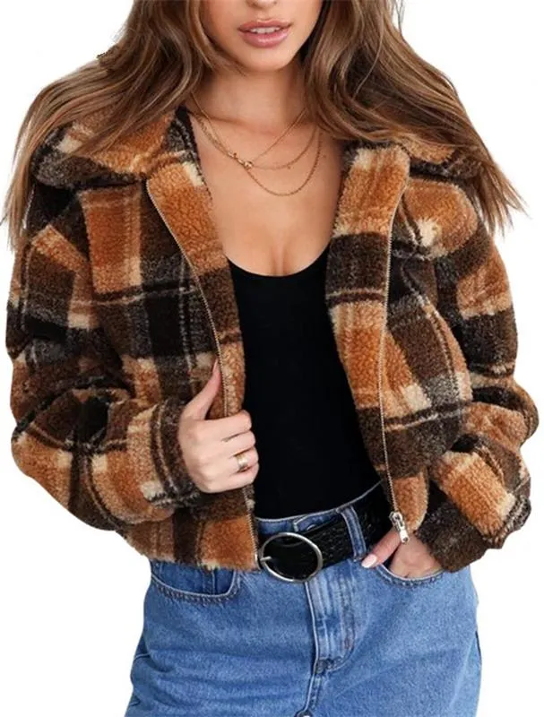 elveswallet Plaid Faux Fur Cropped Biker Down Jacket