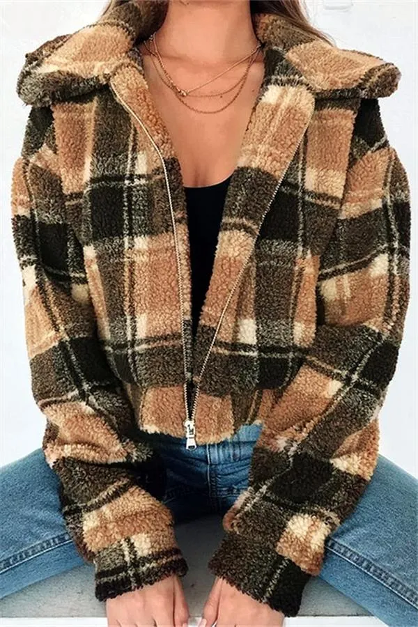 elveswallet Plaid Faux Fur Cropped Biker Down Jacket