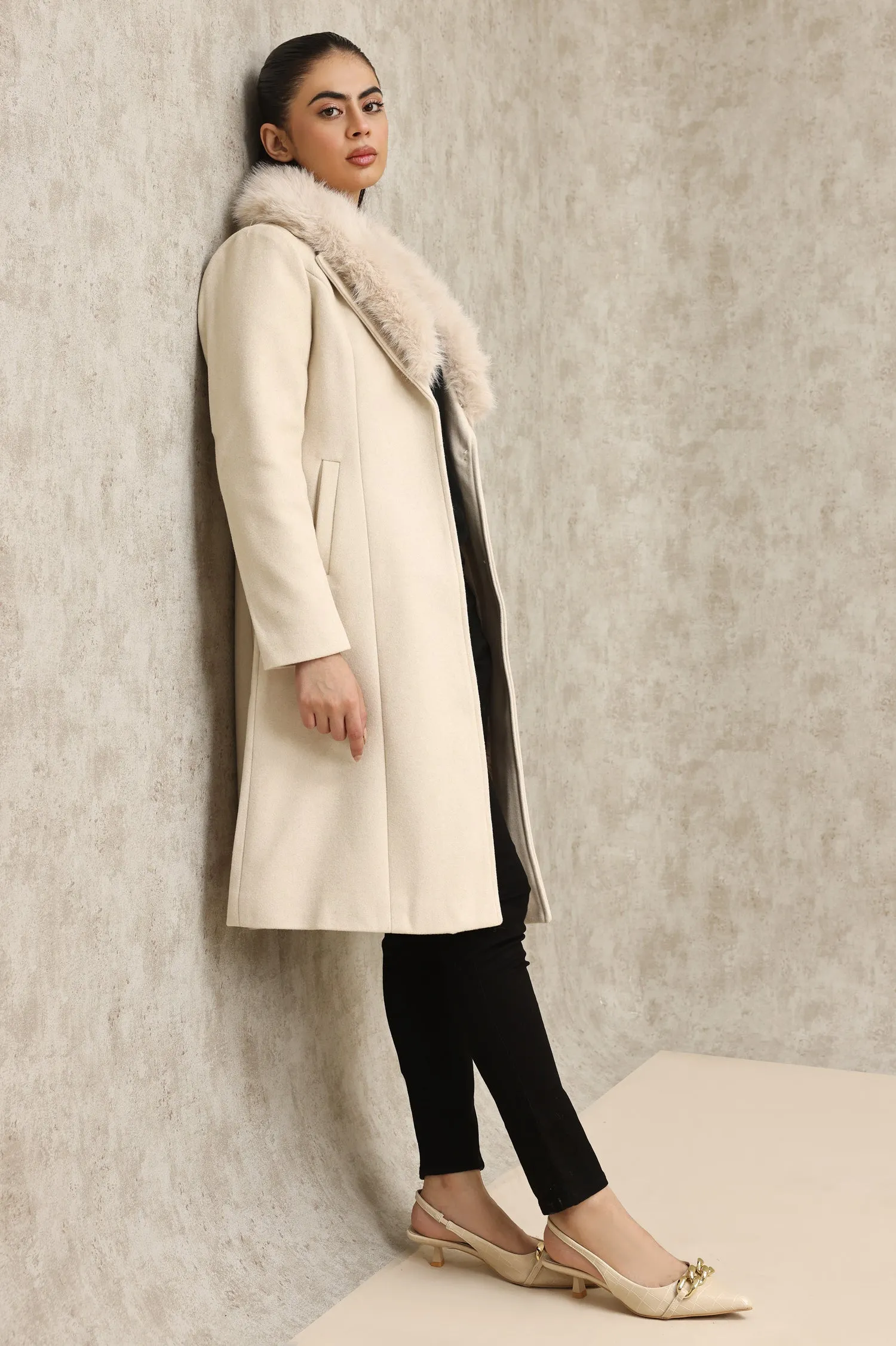 FAUX FUR COLLAR OVERCOAT-BEIGE