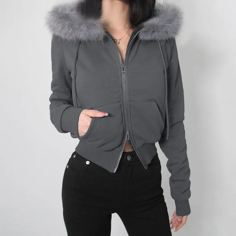 Faux Fur Collar Zip-Up Jacket