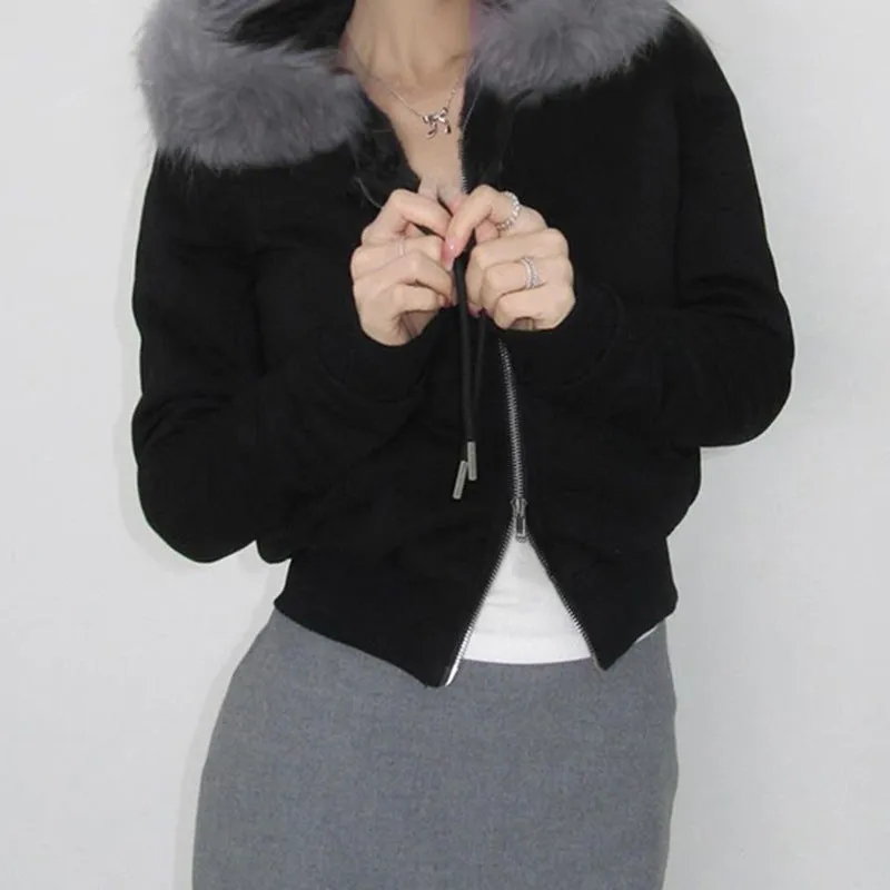 Faux Fur Collar Zip-Up Jacket