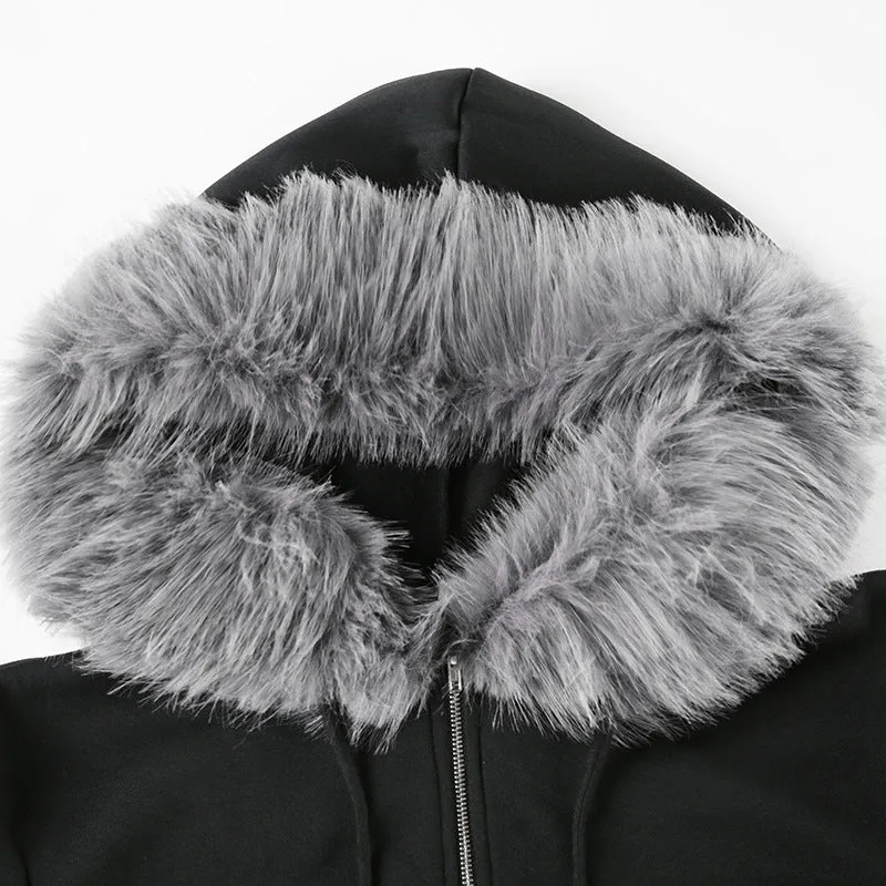 Faux Fur Collar Zip-Up Jacket