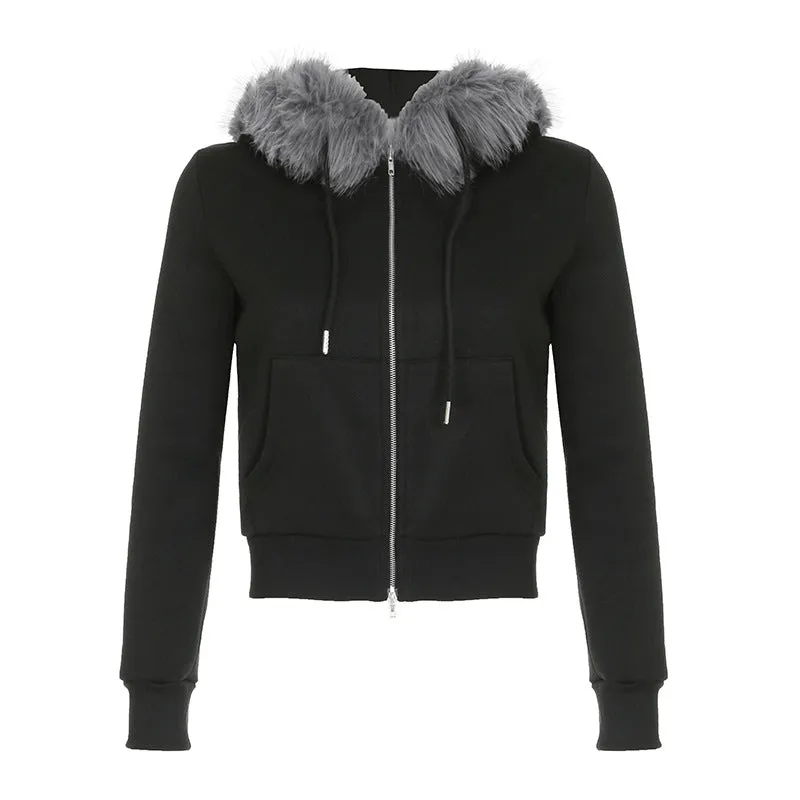 Faux Fur Collar Zip-Up Jacket