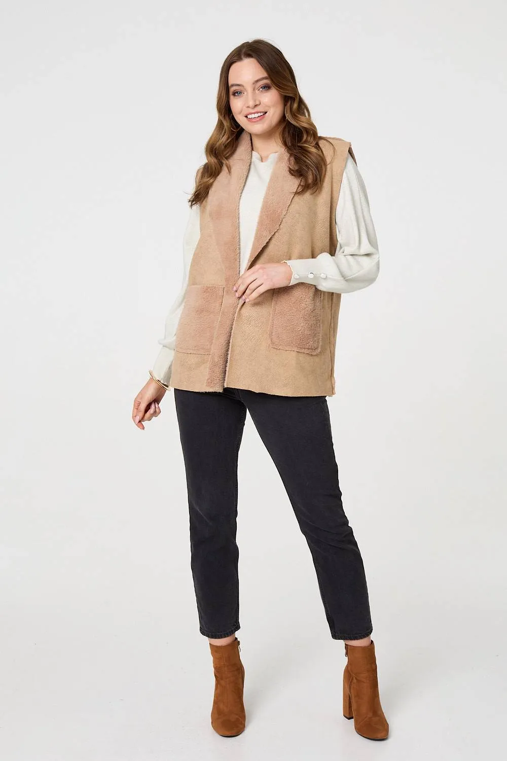 Faux Fur Lined Suede Pocket Front Vest