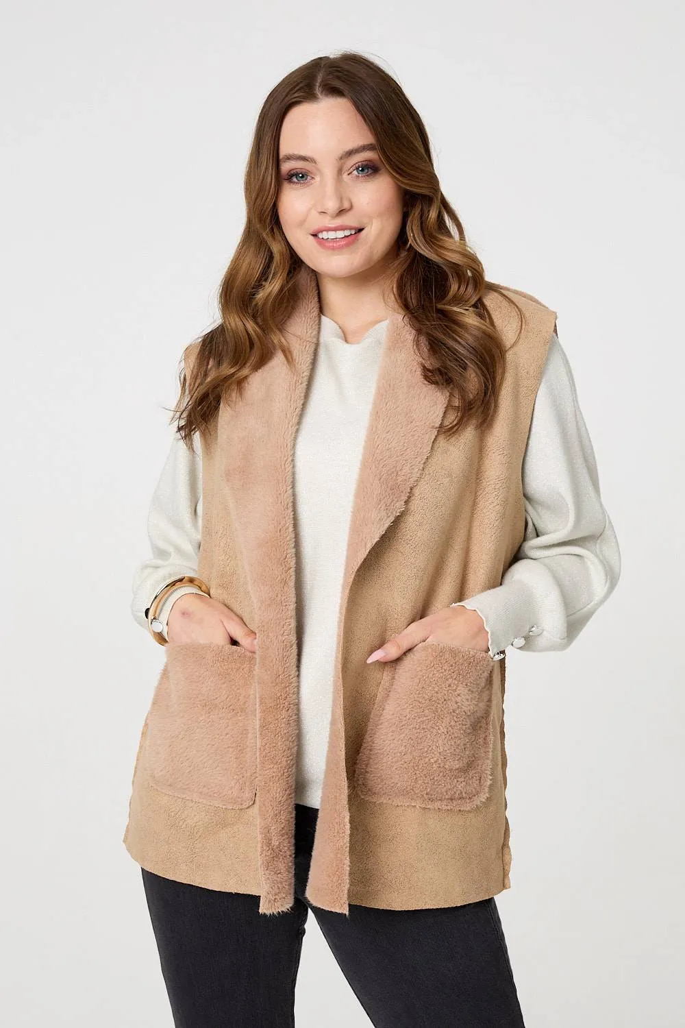 Faux Fur Lined Suede Pocket Front Vest