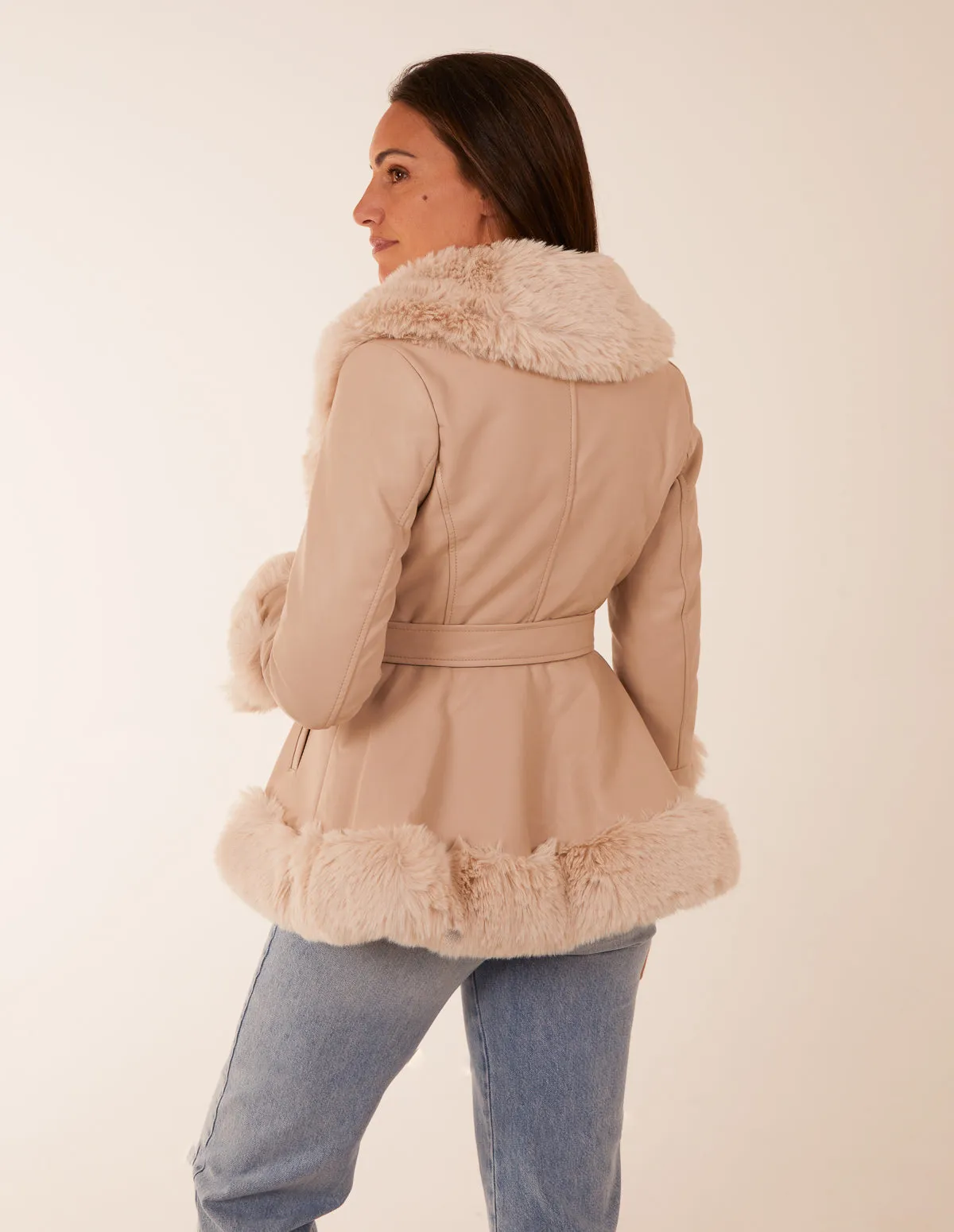 Faux Fur PU Coat With Belt