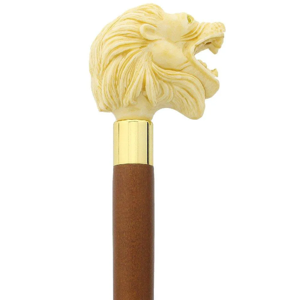 Ferocious Faux Ivory Roaring Lion Knob Handle Walking Cane w/ Custom Shaft & Collar