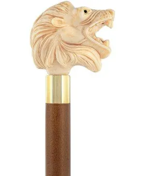 Ferocious Faux Ivory Roaring Lion Knob Handle Walking Cane w/ Custom Shaft & Collar