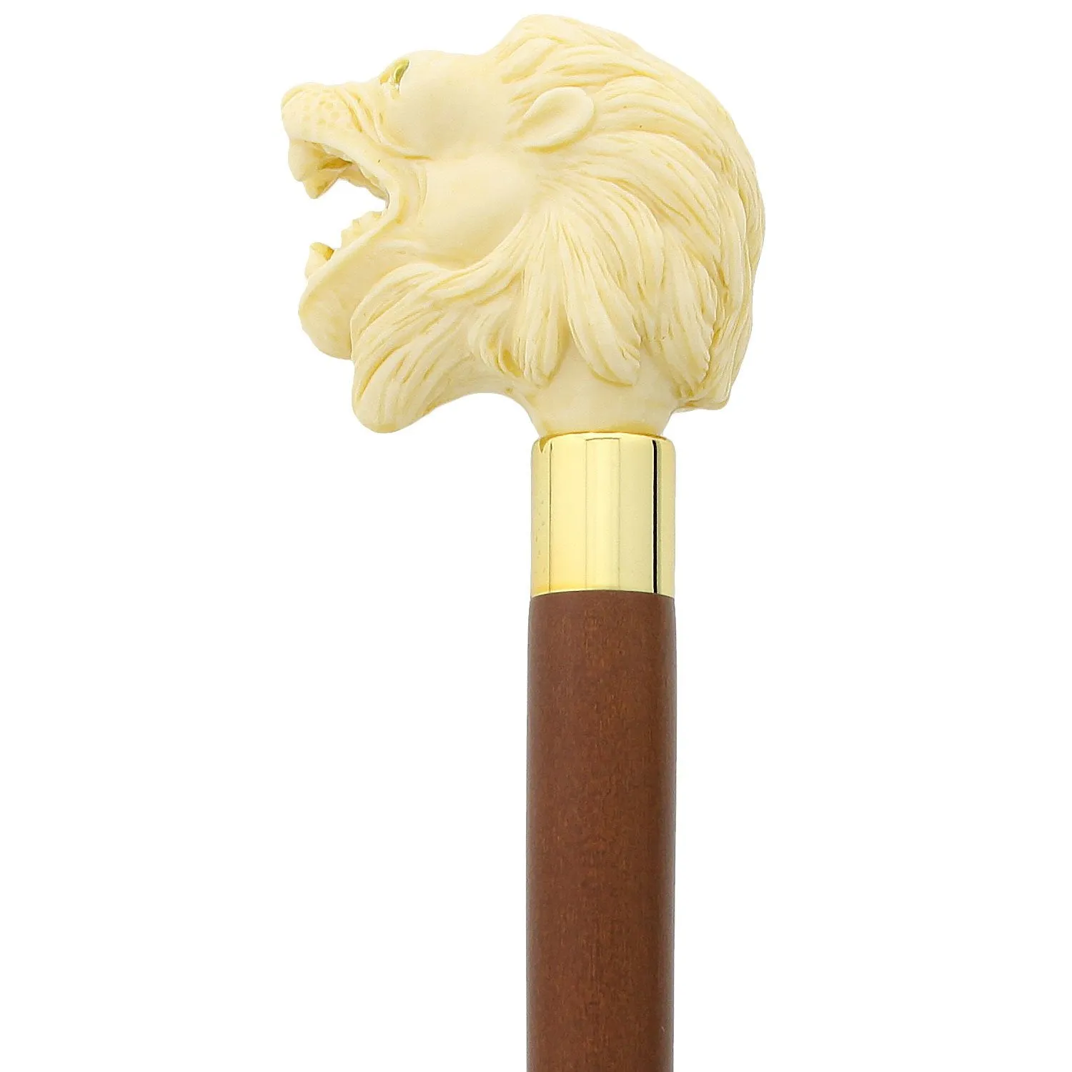 Ferocious Faux Ivory Roaring Lion Knob Handle Walking Cane w/ Custom Shaft & Collar