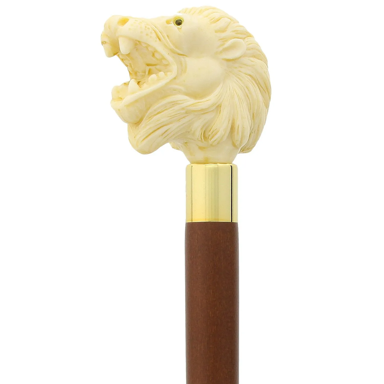 Ferocious Faux Ivory Roaring Lion Knob Handle Walking Cane w/ Custom Shaft & Collar