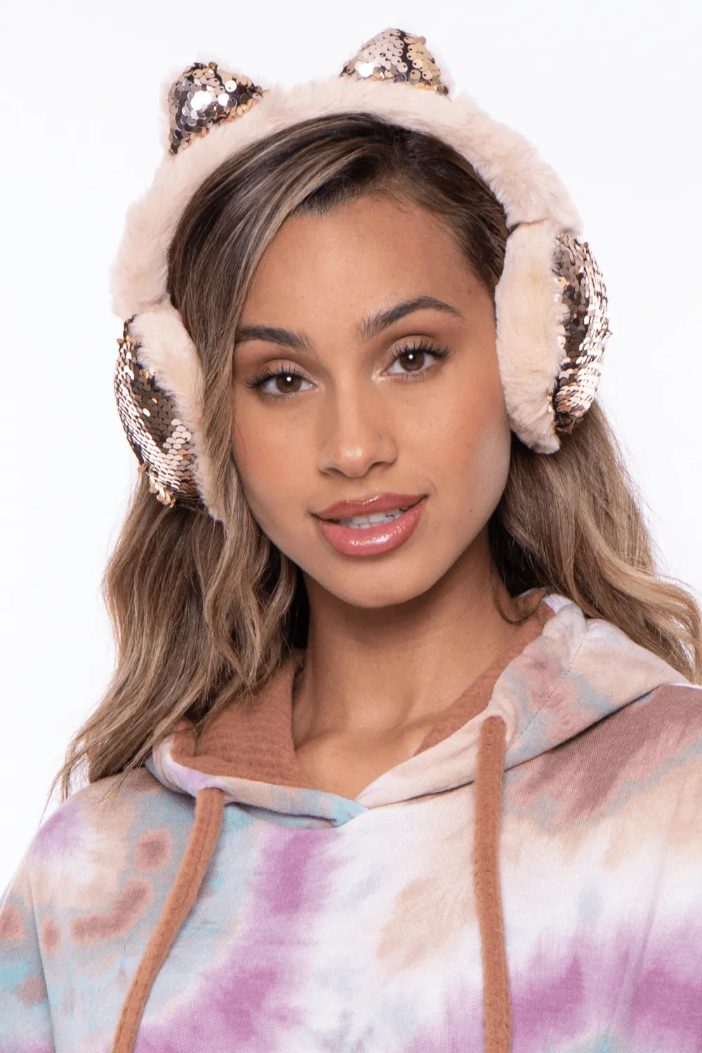 Fluffy Sequin Faux Fur Ear Muffs with kitty ears- Beige