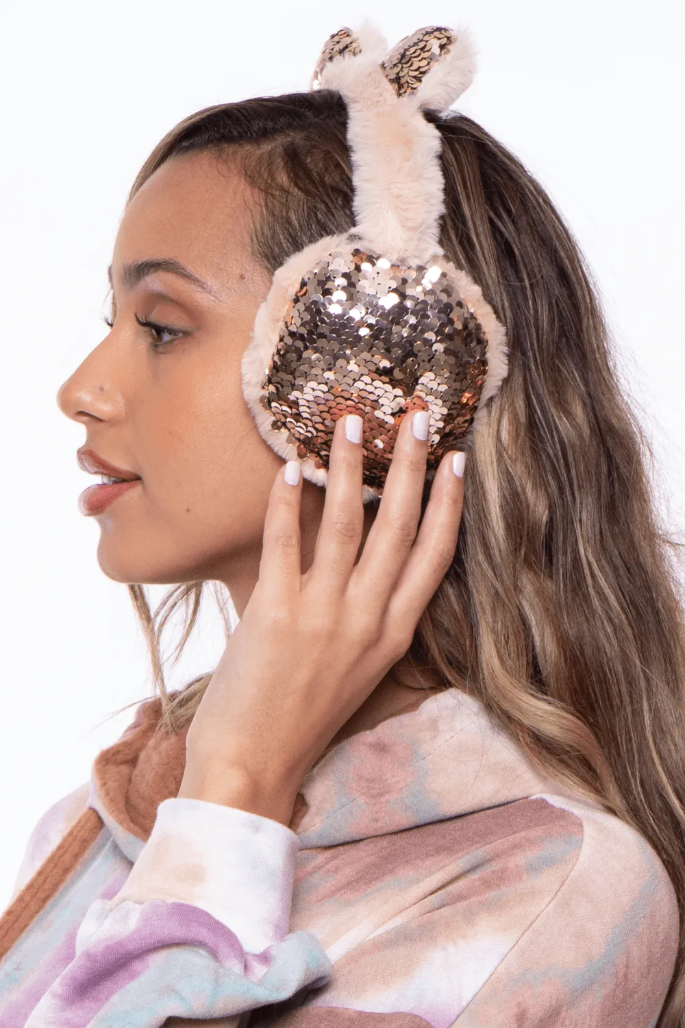 Fluffy Sequin Faux Fur Ear Muffs with kitty ears- Beige