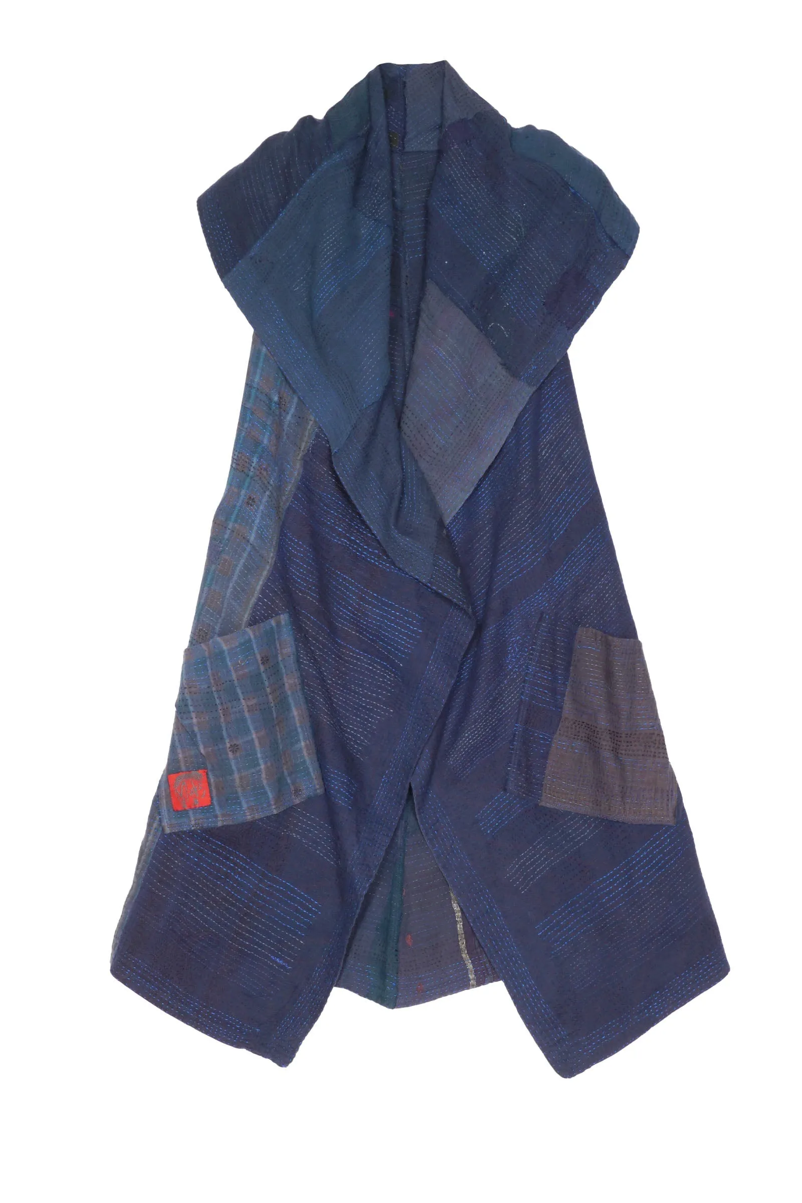 FRAYED PATCH KANTHA CIRCULAR VEST - fi2201-nvy -