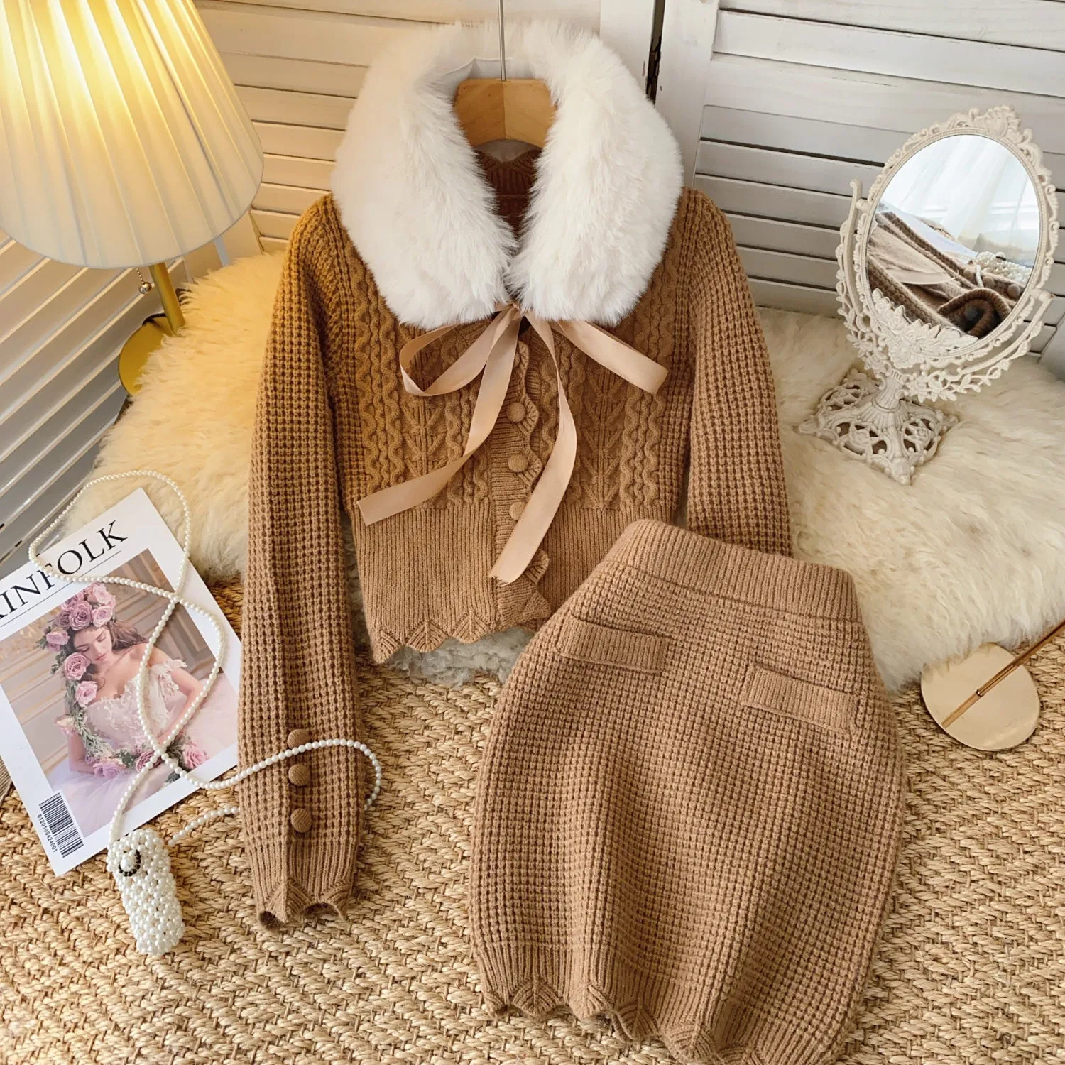 Fur Collar Cardigan & Skirt Thermal 2Pcs