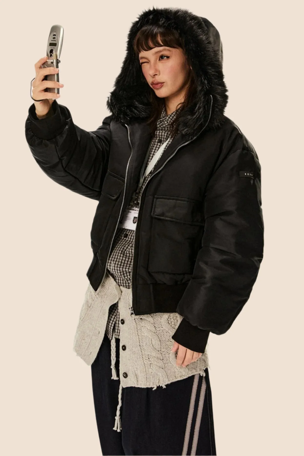 Fur Collar Duck Down Cropped Jacket