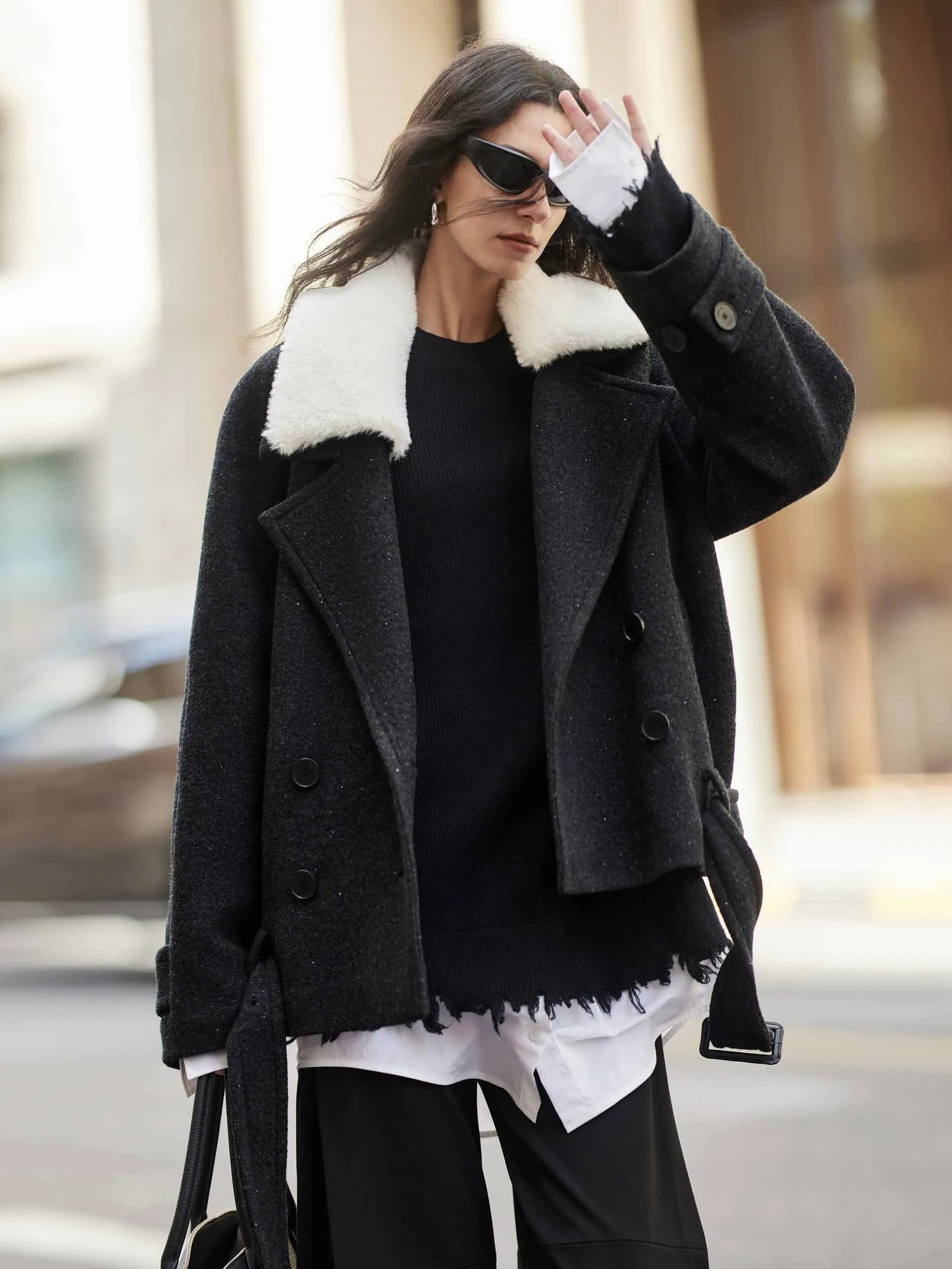 Fur Collar Quilted Coat with Belt