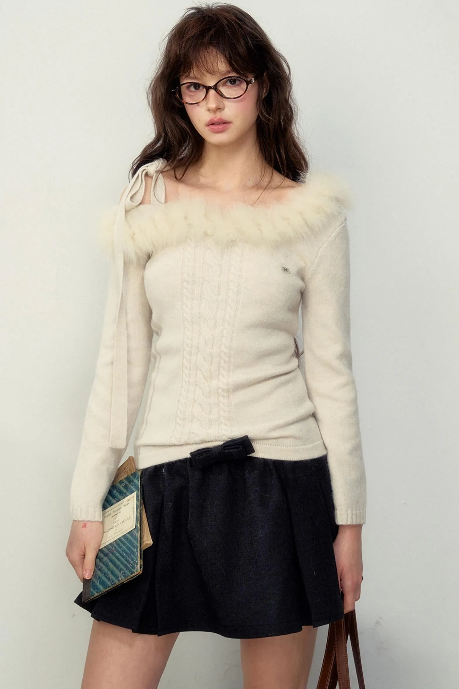 Fur Collar Slim Knit Sweater Top