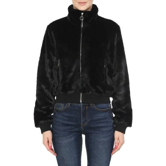 FUR HIGH COLLAR ZIP UP BOMBER JACKET