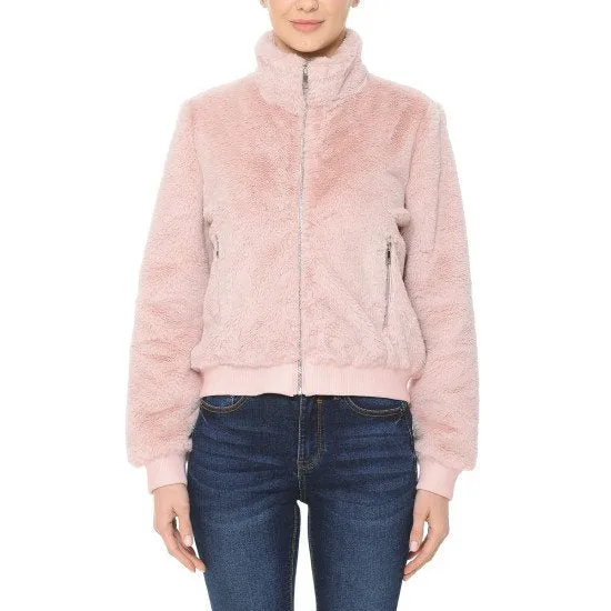 FUR HIGH COLLAR ZIP UP BOMBER JACKET