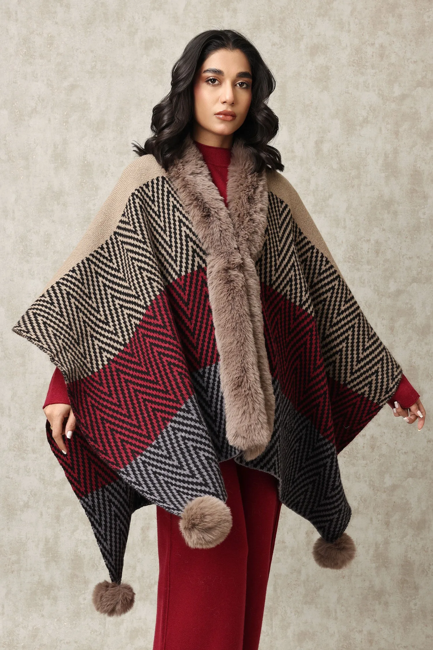 GEOMETRIC KNIT FUR CAPE