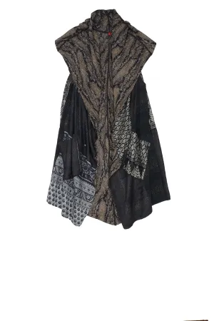 GEORGETTE VINTAGE SILK PATCH KANTHA CIRCULAR VEST - gs2201-blk -