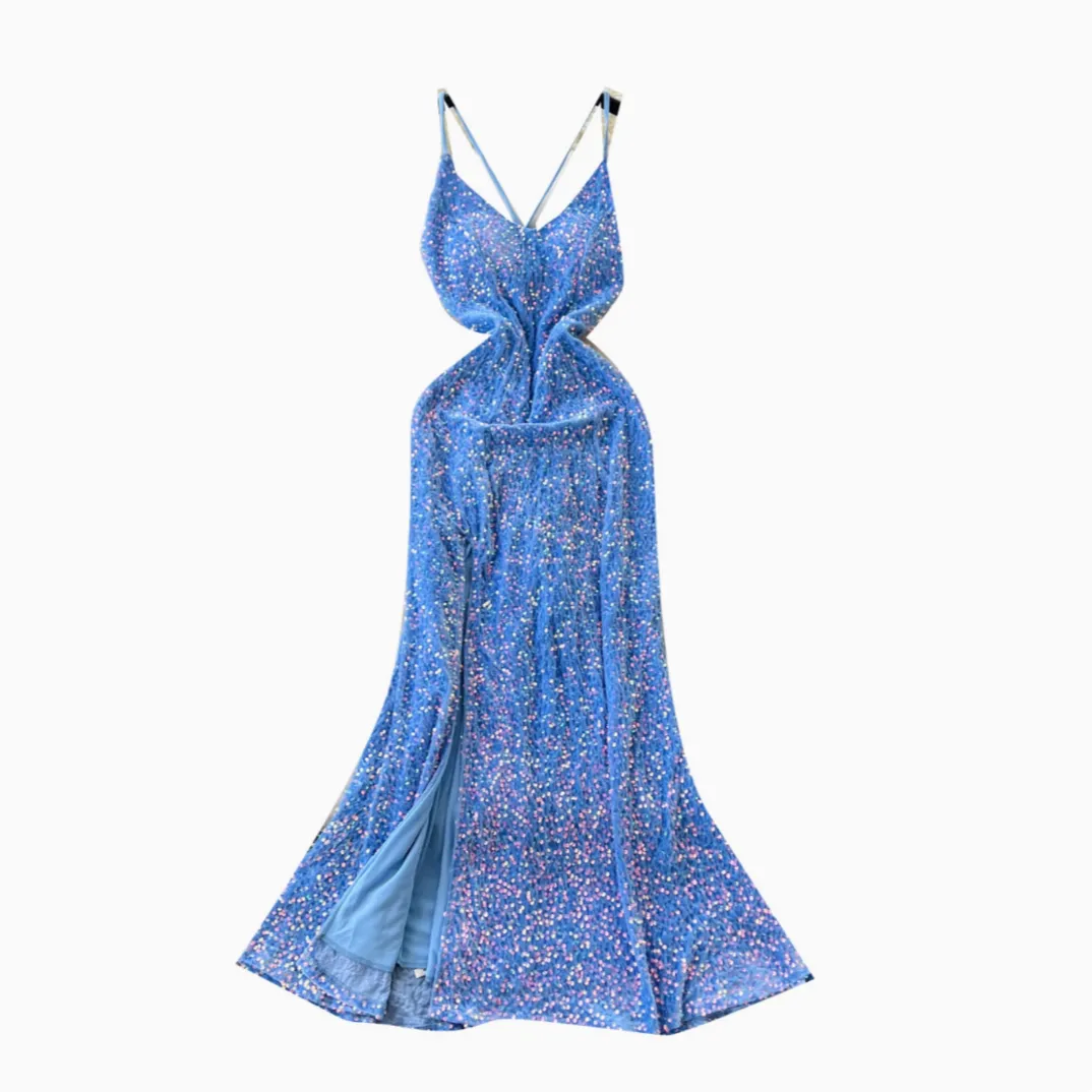 Glossy Sequined Blue Fishtail Slip Dress