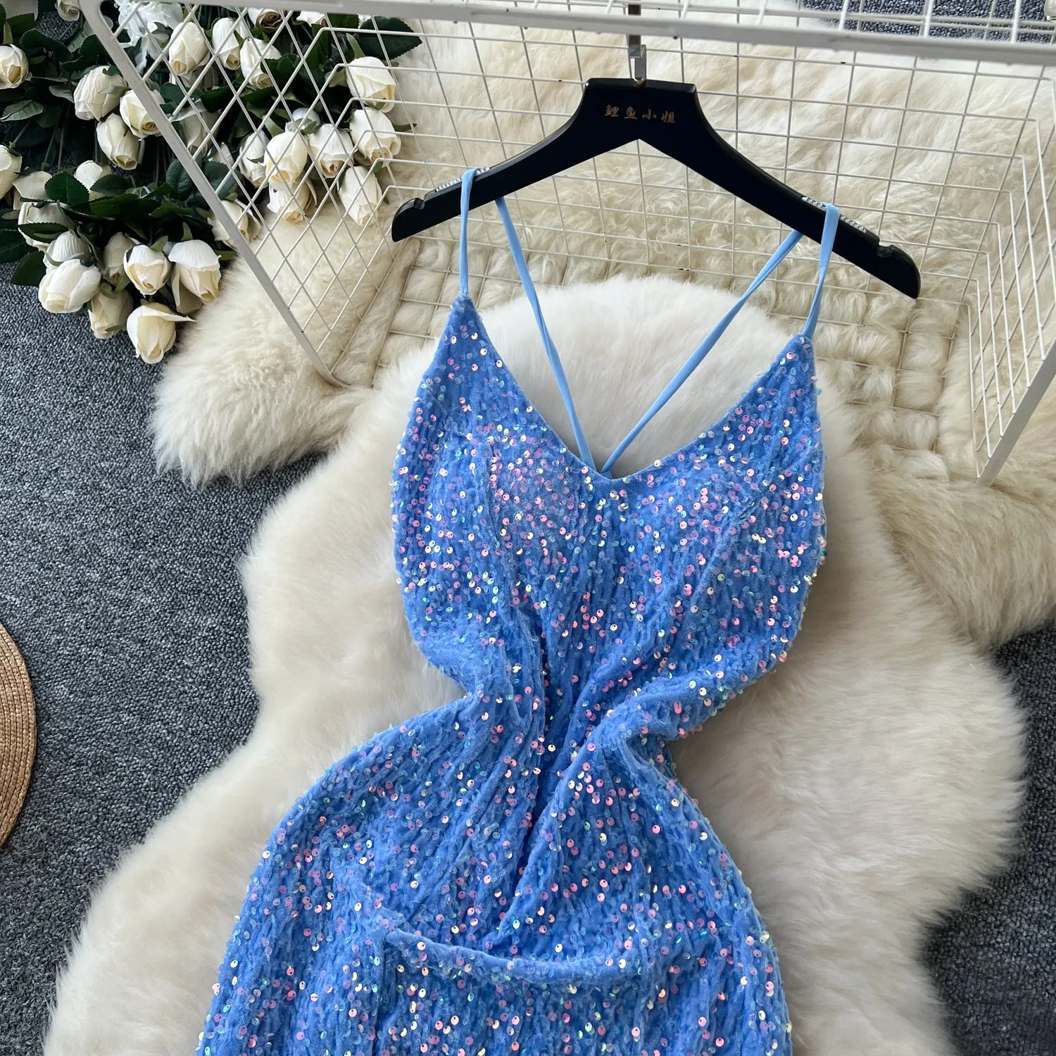 Glossy Sequined Blue Fishtail Slip Dress