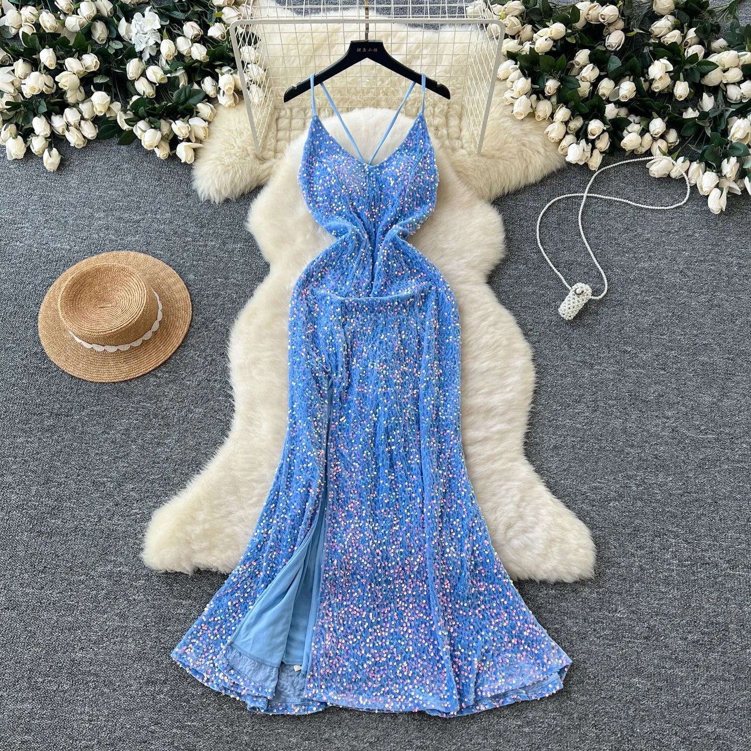 Glossy Sequined Blue Fishtail Slip Dress