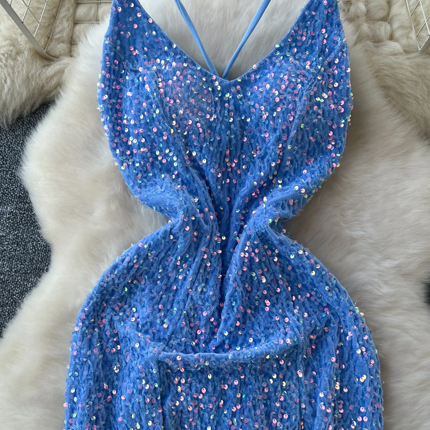 Glossy Sequined Blue Fishtail Slip Dress