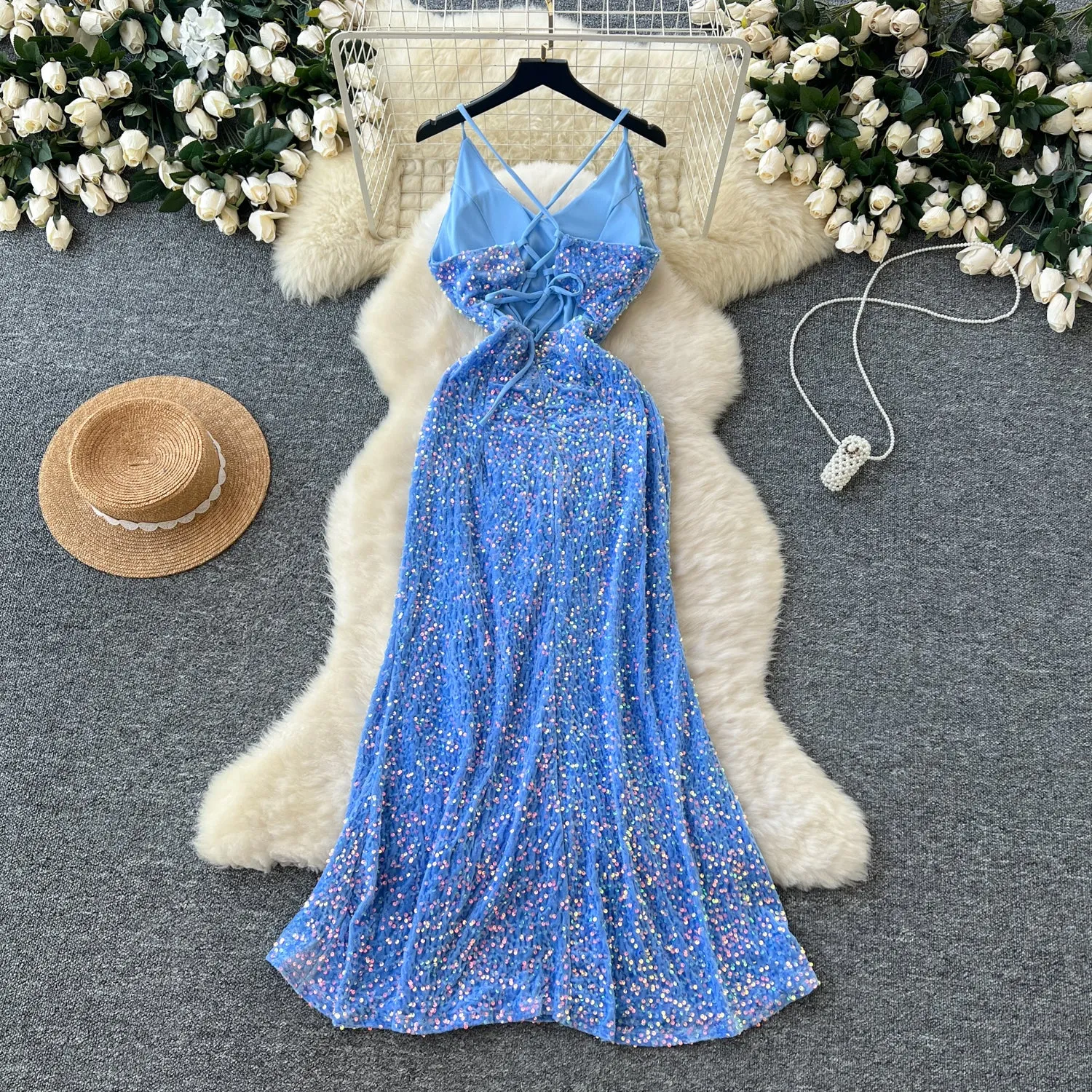 Glossy Sequined Blue Fishtail Slip Dress