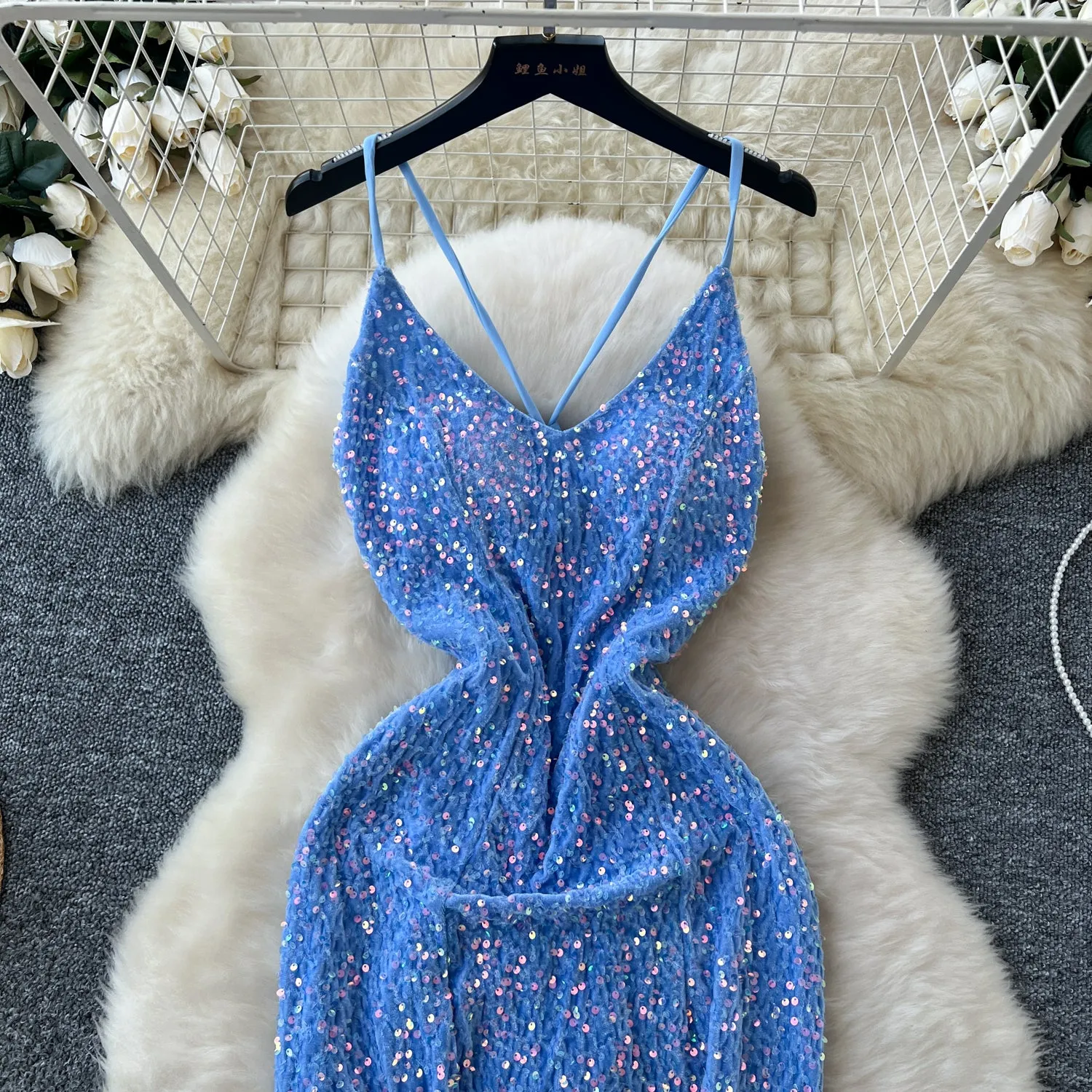 Glossy Sequined Blue Fishtail Slip Dress