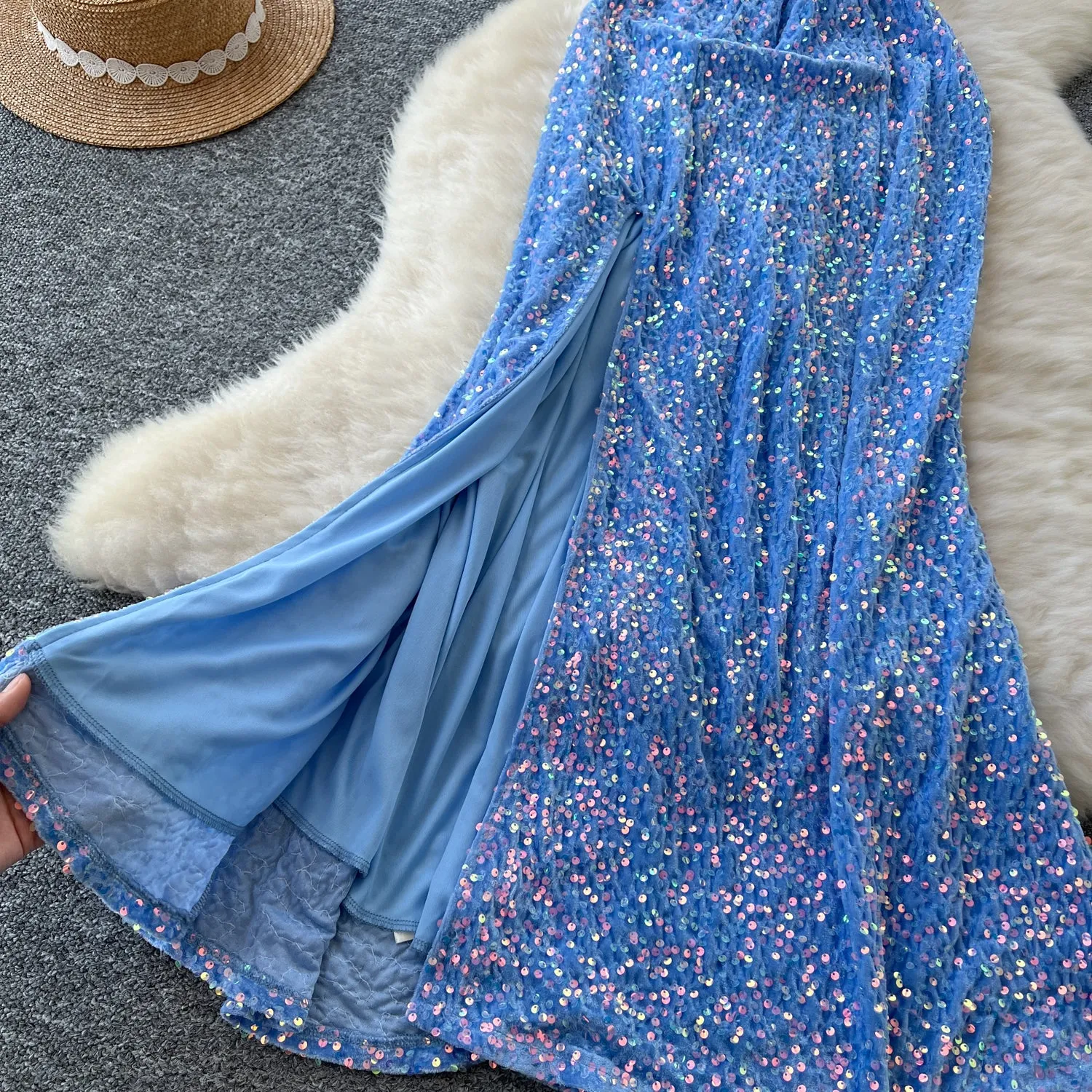 Glossy Sequined Blue Fishtail Slip Dress